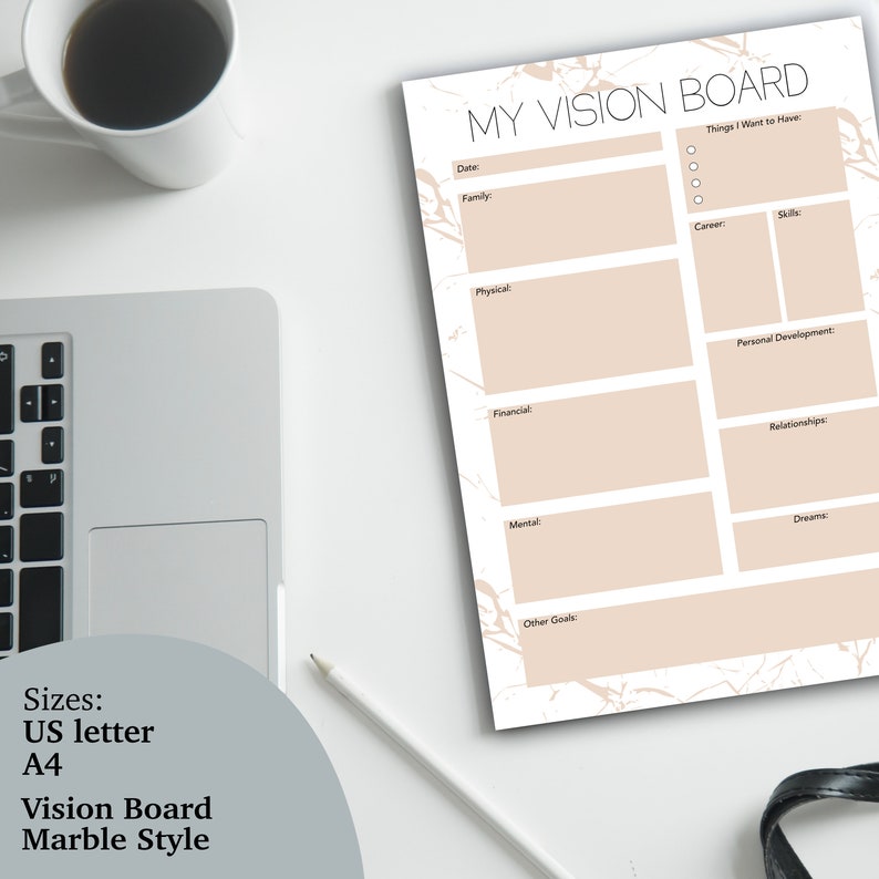 Printable Vision Board Template, Printable Dream Board, Marble Vision ...