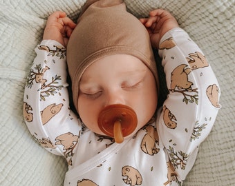 Organic Cotton Baby Bodysuit: Unisex Woodland Bear Cub Kimono