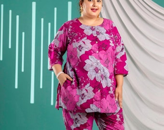 Classy Floral Co-ord set | Magenta Pure Cotton Co-Ord Tunic and Pant Set |Design Co-Ord Set | women Co-Ord Set | Co Ord Set with Pockets