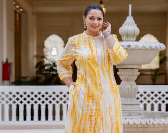 Yellow Front Slit Princess Cut 'A' Line Kurta | Tiedye kurta for women | Plus Size kurti For Women | Indianwear kurti | Rayon Tiedye kurta