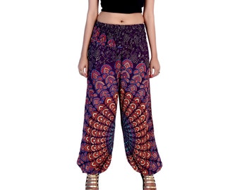 hippie trousers Stretchable BROWN Rayon Mandala Hand Block Printed Harem Trousers for women