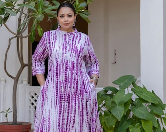 Purple Front Slit Princess Cut 'A' Line Kurta | Tiedye kurta for women | Plus Size kurti For Women | Indianwear kurti | Rayon Tiedye kurta