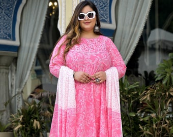 Pure Cotton Pink Embroidered Anarkali Kurta & Dupatta Set, Pink floral print, festive wear Indian women Cotton Suit Kurti With Dupatta