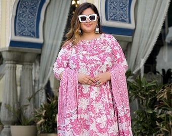 Pure Cotton Pink Embroidered Anarkali Kurta & Dupatta Set Plus Size Dupatta Festival Dress Wedding Dress large Size Set