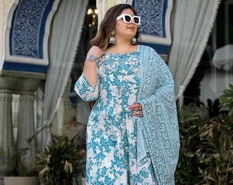 Plus Size Sea Green Cotton Printed Kurta with Dupatta, Sky Plus Size Dupatta Set, Kurta Dupatta, Plus Size suit for women