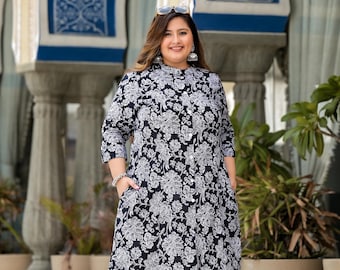 Black Floral Printed Front Slit Princess Cut 'A' Line Kurta | Plus Size kurti For Women | Indianwear Festival kurti |