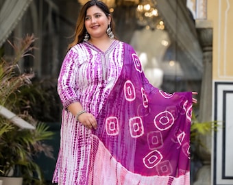 Purple Tie & Dye Ombre Printed Wear Embroidered Straight Kurta Pant Dupatta Set, Plus Size Indian Dress I Tiedye Kurta Set I Indian Dress
