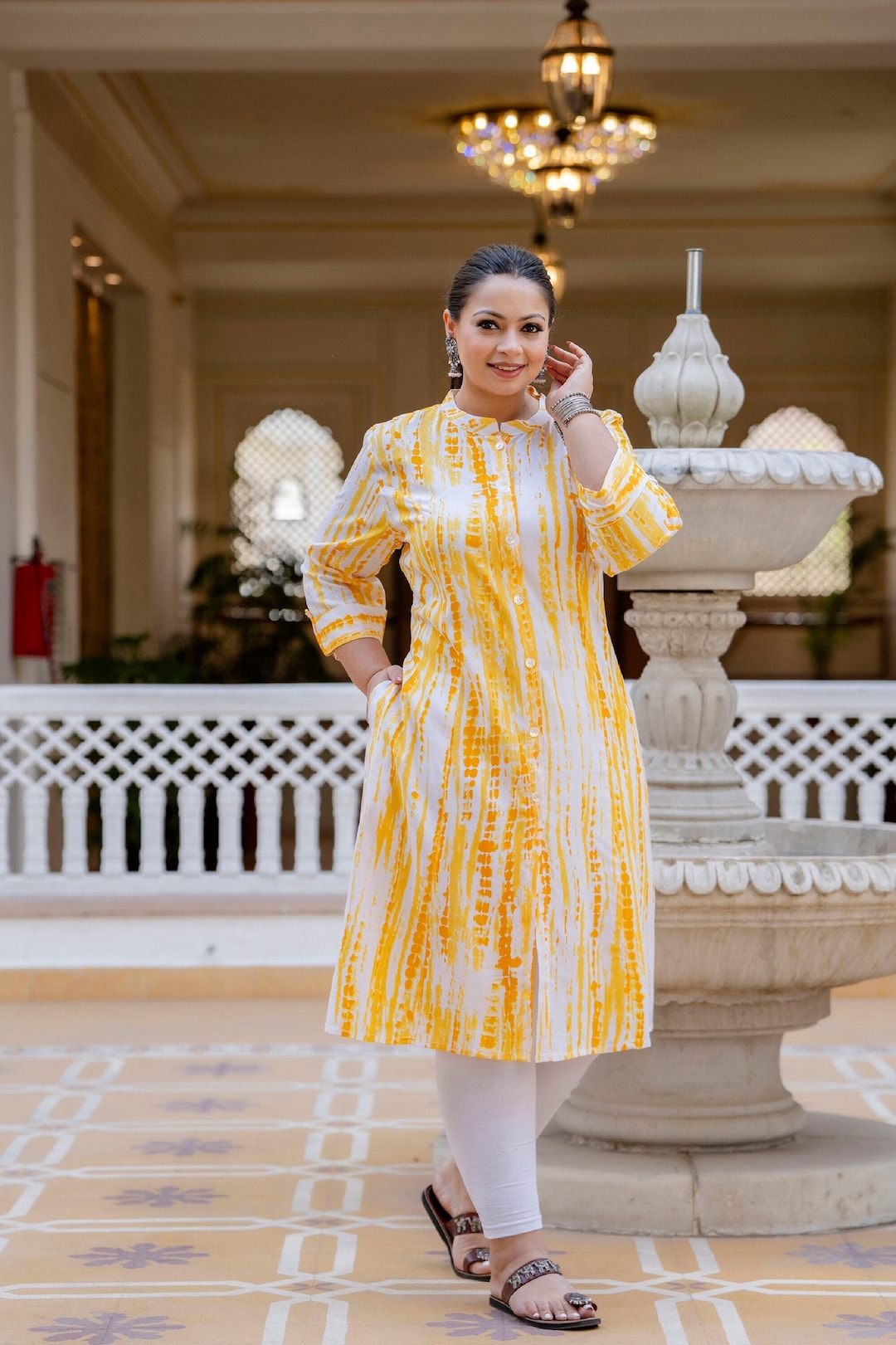 Premium A-Line Soft Denim Princess-Cut Kurta with Gold Piping & Mandarin Collar