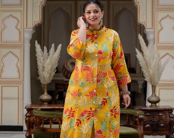 Floral Yellow Printed Front Slit Princess Cut 'A' Line Kurta | Printed kurta for women | Plus Size kurti For Women |