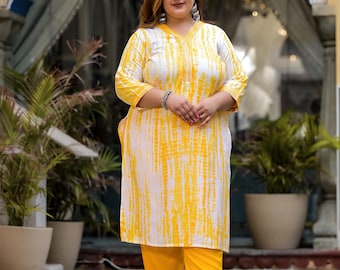 Yellow Tie & Dye Ombre Printed Wear Embroidered Straight Kurta Pant Dupatta Set, Plus Size Indian Dress I Tiedye Kurta Set I Indian Dress