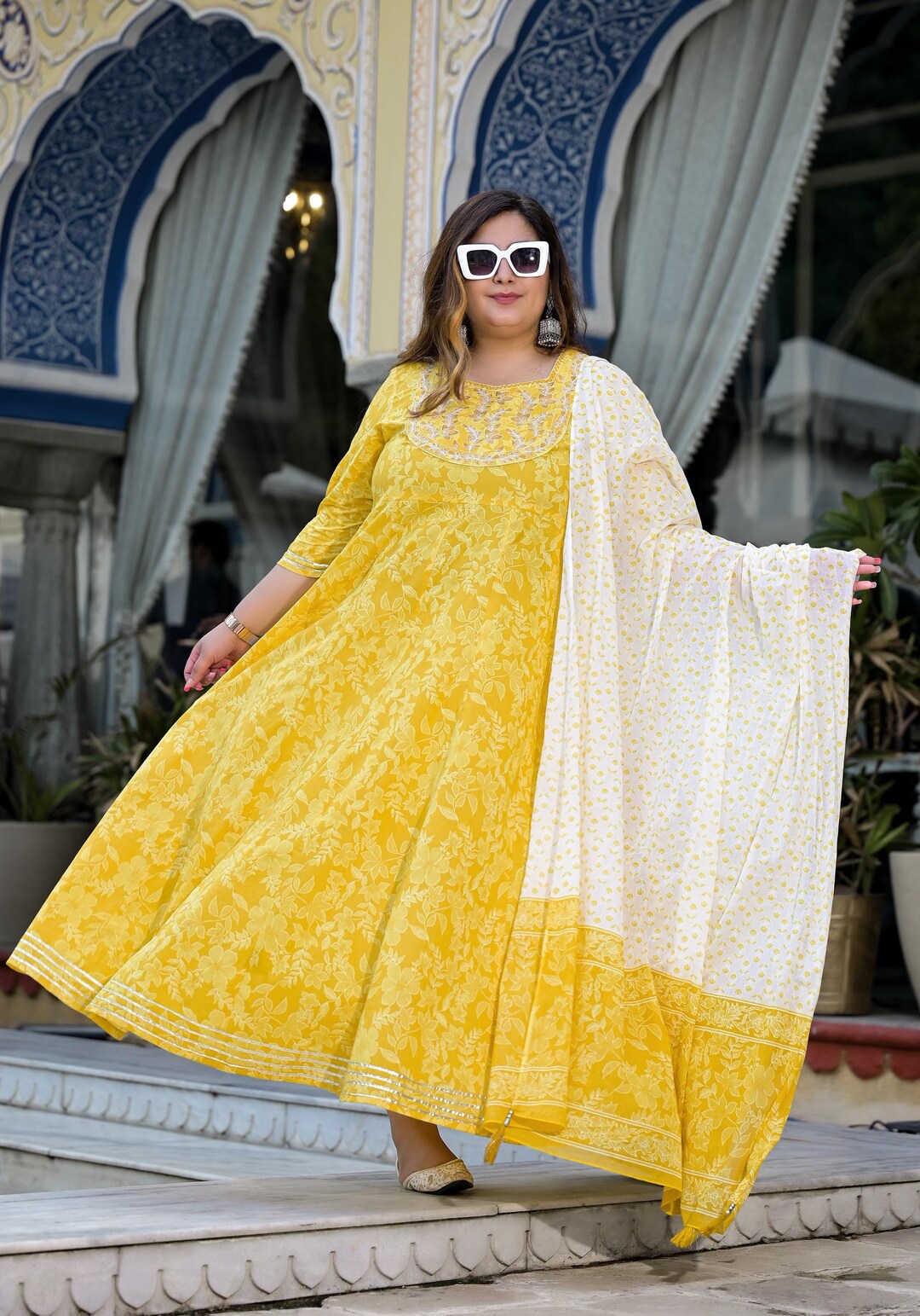 Women's Ethnic Motifs Yellow Anarkali Kurta Set with Dupatta & Potli Bag