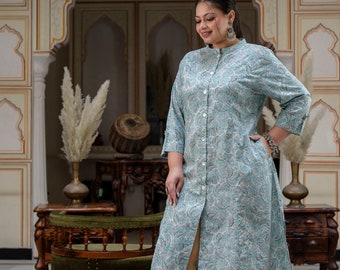Pure Cotton Green Front Slit Princess Cut 'A' Line Kurta !! Plus size !! Indianwear !! Festive kurti