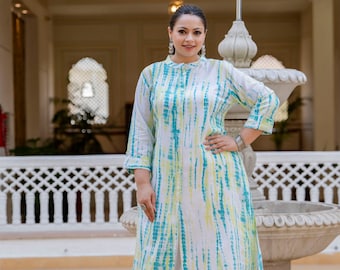 C.Green Front Slit Princess Cut 'A' Line Kurta | Tiedye kurta for women | Plus Size kurti For Women | Indianwear kurti | Rayon Tiedye kurta