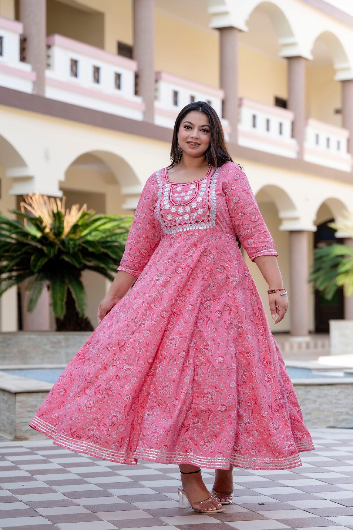 Rose Pink Embellished Anarkali Kurta With Churidar And Dupatta (Set of 3) main image 0