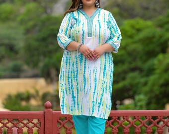Turquoise Tie & Dye Ombre Printed Wear Embroidered Straight Kurta Pant Dupatta Set, Plus Size Indian Dress I Tiedye Kurta Set I Indian Dress