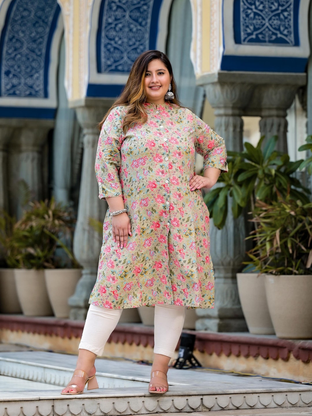 Women’s Beige Cotton Printed Long Kurti | Straight Fit Ethnic Floral Daily Wear Kurta for Women main image 1