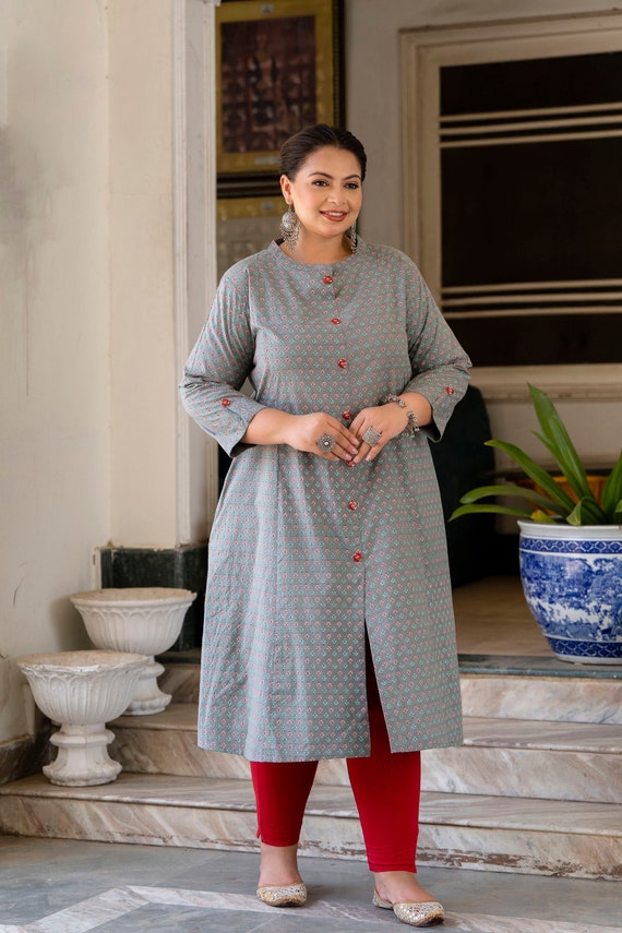 Grey Pure Cotton Front Slit 'A' Line Kurti Plus Size Kurta for Women, Plus  Size Indianwear, 7xl Dress for Women, Large Size Kurti, 