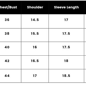 May include: Size chart for clothing with measurements in inches for chest/bust, shoulder, sleeve length, and hip. Sizes include S, M, L, XL, and XXL.