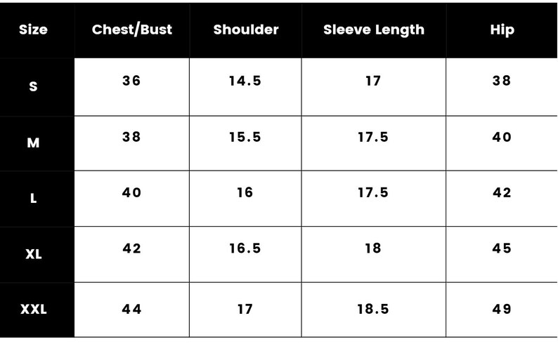 May include: Size chart for clothing with measurements in inches for chest/bust, shoulder, sleeve length, and hip. Sizes include S, M, L, XL, and XXL.
