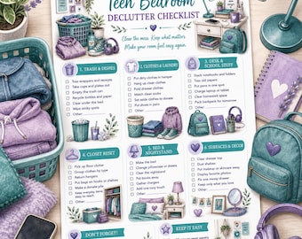 May include: A Teen Bedroom Declutter Checklist printed on paper, featuring six categorised sections for organising trash, laundry, desk items, closet, bed, and decor, illustrated with purple and teal icons, text, and checkboxes.