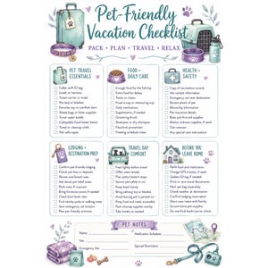 Op de afbeelding: Een checklist in aquarel-stijl getiteld "Pet-Friendly Vacation Checklist" met categorieën voor reisbenodigdheden, voeding, gezondheid en accommodatie. Bevat illustraties van een koffer, een dierenvervoerbox en hondenaccessoires.