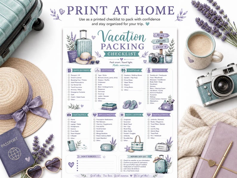 May include: A watercolor-style vacation packing checklist with a suitcase, passport, hat, and camera. The checklist includes categories for travel documents, clothing, footwear, and more. The text "PRINT AT HOME" is at the top.