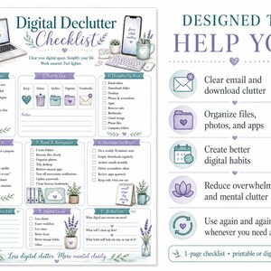 May include: A digital declutter checklist featuring sections for sorting, organising, and maintaining digital spaces. The document includes checkboxes, icons of computers, phones, and lavender plants, with text titled Digital Declutter Checklist.