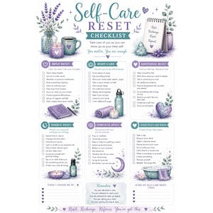 May include: A watercolour self-care checklist featuring lavender, candles, and a mug. The text reads "Self-Care Reset Checklist" with sections for mind, body, emotional, energy, spiritual, and daily self-care ideas. Includes reminders and a space to reflect.