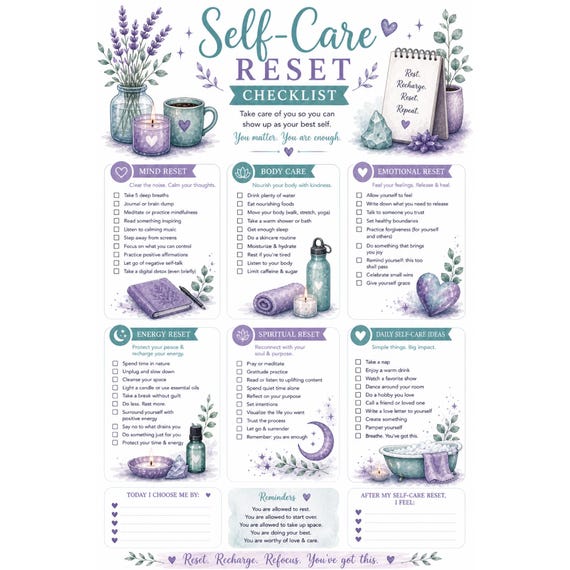 Self Care Reset Checklist Printable | Wellness Planner | Mental Health | Instant Download PDF