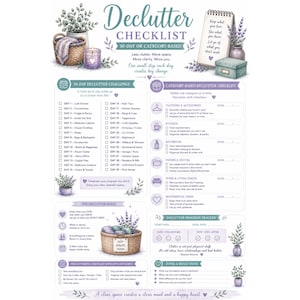 May include: A watercolor-style declutter checklist with lavender and other decorative elements. The checklist includes a 30-day challenge and category-based decluttering sections. The text reads "Declutter Checklist".