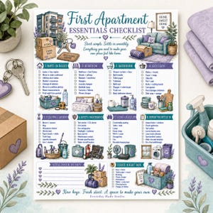 May include: A printed First Apartment Essentials Checklist featuring eight categorised sections with illustrations of household items, lavender accents, and heart motifs, designed to help organise moving tasks and essential supplies for a new home.