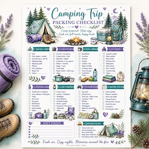 May include: A white paper camping trip packing checklist with purple and green illustrations of tents, campfires, and gear. The text includes categories like Shelter + Sleep, Camp Kitchen, Food + Drinks, Clothing, Personal Care, Camp Comfort, Outdoor Gear, and Before You Go.