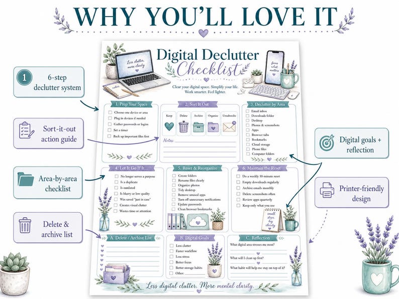 May include: A digital declutter checklist document featuring a six-step system, sort-it-out action guide, area-by-area checklist, delete and archive list, digital goals, and reflection sections, decorated with lavender illustrations and text.
