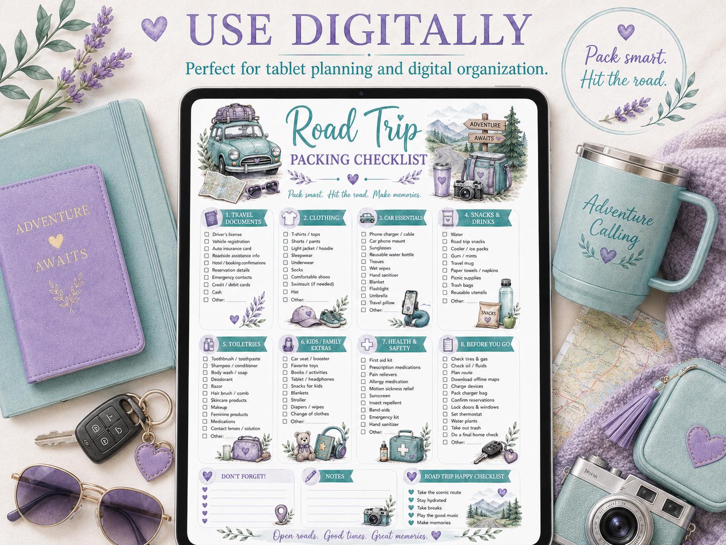 Road Trip Packing Checklist Printable, Travel Planner PDF for Car Trips ...