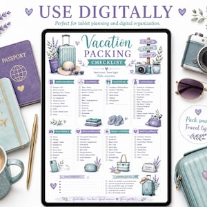 May include: A digital vacation packing checklist on a tablet, surrounded by travel accessories. Includes a passport, journal, camera, sunglasses, and a suitcase. The checklist features categories like clothing, footwear, and toiletries. Text includes "Vacation Packing Checklist" and "Pack smart. Travel light."