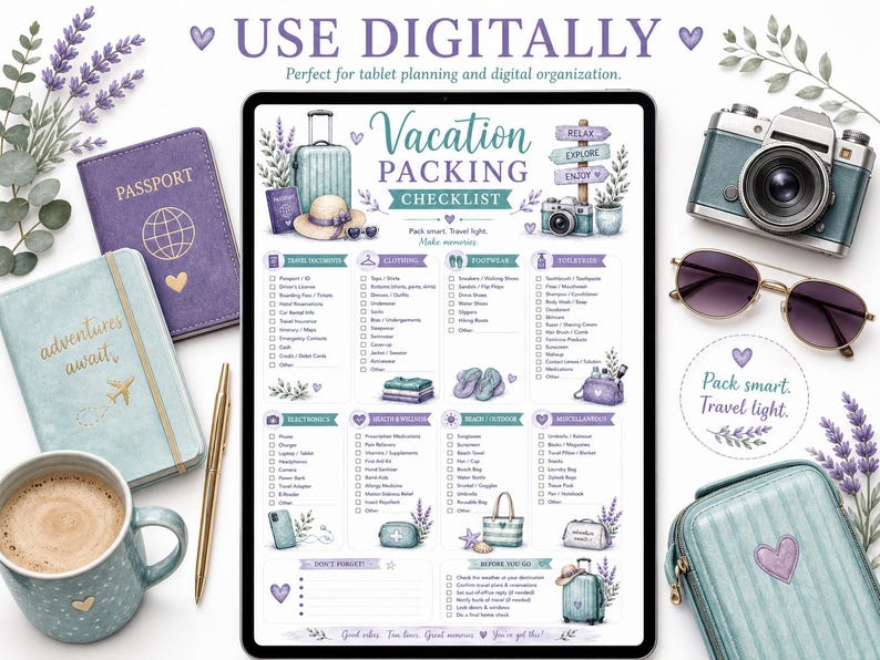 May include: A digital vacation packing checklist on a tablet, surrounded by travel accessories. Includes a passport, journal, camera, sunglasses, and a suitcase. The checklist features categories like clothing, footwear, and toiletries. Text includes "Vacation Packing Checklist" and "Pack smart. Travel light."