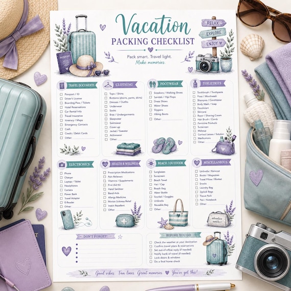 Vacation Packing List Printable | Travel Checklist | Packing Checklist PDF | Instant Download