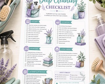 May include: A printed deep cleaning checklist featuring watercolor illustrations of lavender, cleaning supplies, and plants. The document is organized into sections for kitchen, bathroom, bedrooms, living areas, and laundry, with checkboxes for tasks.