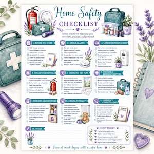 May include: A Home Safety Checklist document featuring ten sections with checkboxes for emergency preparedness. The design includes illustrations of a red fire extinguisher, a first aid kit, a flashlight, and lavender sprigs, all set against a white background.