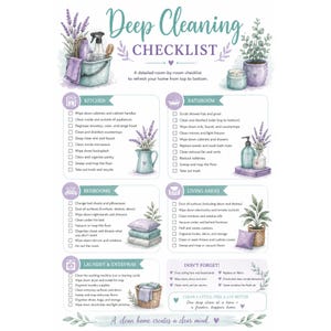 Op de afbeelding: Een decoratieve checklist voor diepe reiniging met een aquarelontwerp. De checklist bevat secties voor de keuken, badkamer, slaapkamers, woonkamers en wasruimte. De tekst is in een turquoise en paars kleurenschema.