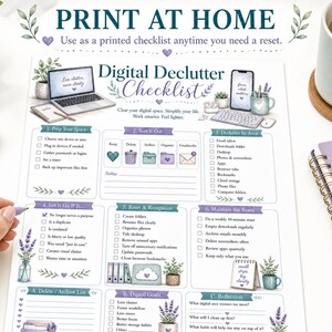 May include: A digital declutter checklist printed on white paper featuring sections for sorting, organising, and maintaining digital spaces. The document includes illustrations of a laptop, smartphone, and lavender plants with text headers and checkboxes.