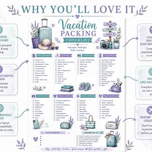 May include: A watercolor-style vacation packing checklist with a teal and purple color scheme. The checklist includes sections for travel documents, clothing, toiletries, electronics, and more. Text includes "Why You'll Love It" and "Vacation Packing Checklist".