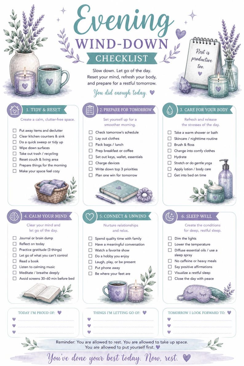 Evening Wind Down Checklist Printable | Bedtime Routine Planner | Night ...