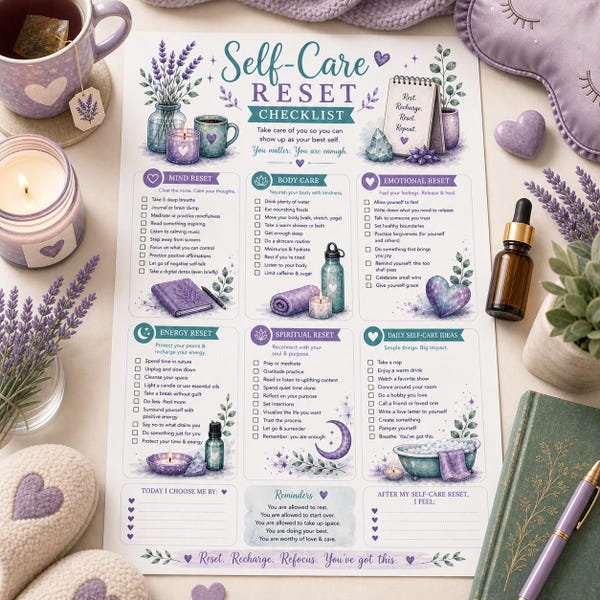 Self Care Reset Checklist Printable | Wellness Planner | Mental Health | Instant Download PDF