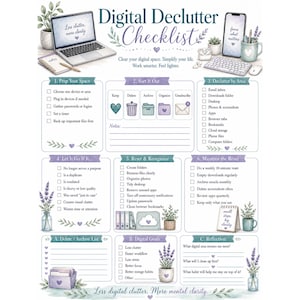 May include: A digital declutter checklist with a watercolor design. The checklist includes sections for preparing space, sorting, decluttering by area, and maintaining the reset. The image features a laptop, phone, and desk accessories.