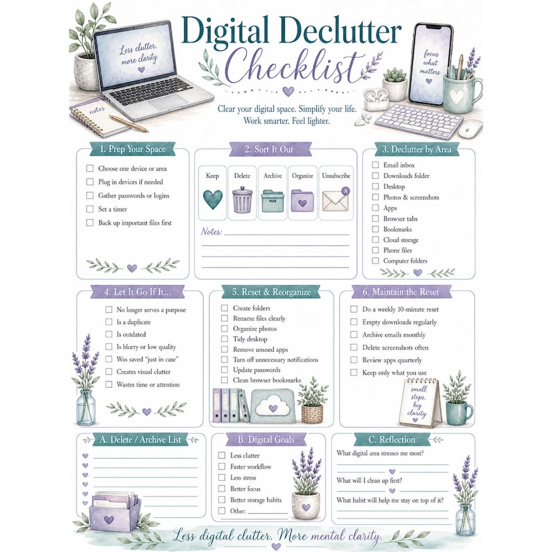 May include: A Digital Declutter Checklist document featuring six numbered steps and three lettered sections. The design includes illustrations of a laptop, smartphone, keyboard, and lavender plants. Text includes 'Digital Declutter Checklist', 'Less clutter, more clarity', and 'Less digital clutter. More mental clarity.'