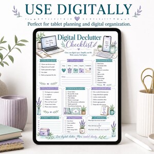 May include: A digital tablet displaying a Digital Declutter Checklist with sections for organising files, emails, and apps. The document features lavender illustrations, checkboxes, and text prompts to help simplify digital spaces and improve organisation.
