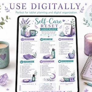 May include: A digital self-care checklist displayed on a tablet, with a watercolour design in lavender, teal, and purple. The checklist includes sections for mind, body, energy, and spiritual resets. A mug, crystals, and a notebook are also visible.