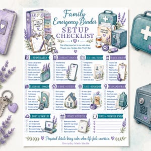 Op de afbeelding: Een geprinte checklist voor een familie-noodmap met aquarelillustraties van mappen, een kluis, een EHBO-doos en lavendelaccenten. Het document bevat acht genummerde secties met selectievakjes voor het organiseren van essentiële documenten.