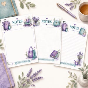 May include: Three sheets of stationery featuring the word NOTES at the top, decorated with watercolor illustrations of lavender, purple luggage, books, and tote bags. The sheets include blank, dotted, and lined writing areas with inspirational text.